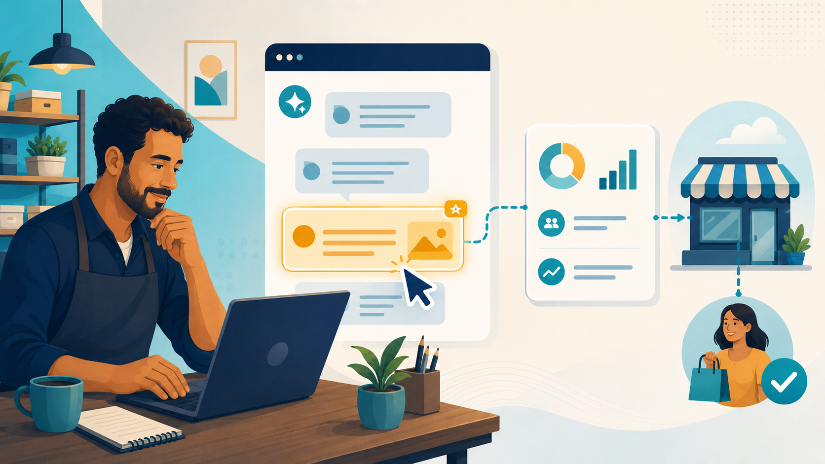 Empreendedor acompanha um anúncio destacado em uma conversa de inteligência artificial e mede o caminho até uma cliente