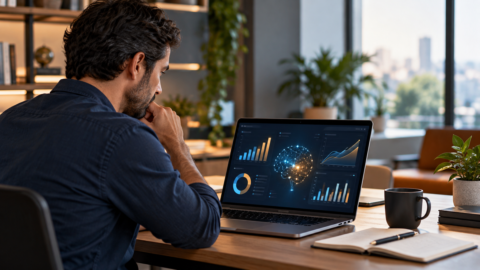 Profissional analisa custos e desempenho de inteligência artificial no notebook
