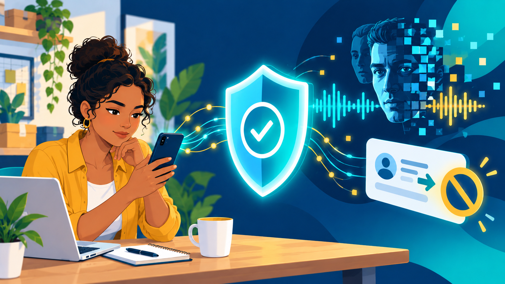 Empreendedora verifica uma mensagem no celular enquanto um escudo bloqueia voz clonada, rosto sintético e pedido de pagamento