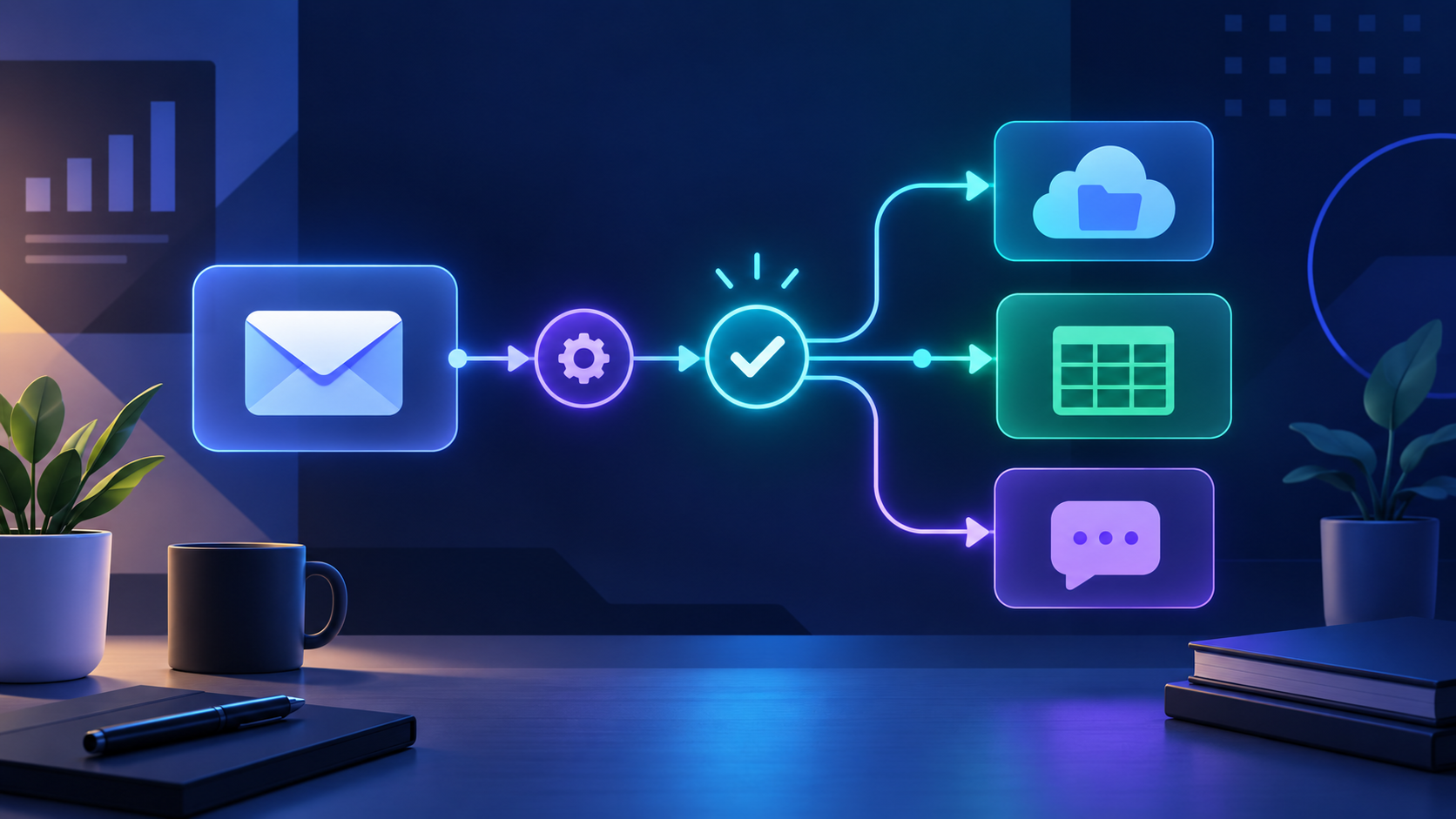 Fluxo de automação conectando e-mail, pasta na nuvem, planilha e chat com uma etapa de aprovação
