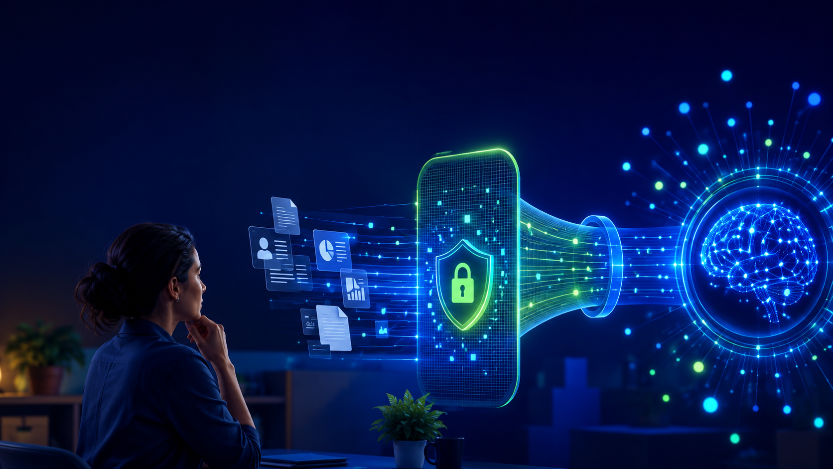 Empreendedora observa documentos passarem por um filtro de privacidade antes de chegar a uma inteligência artificial