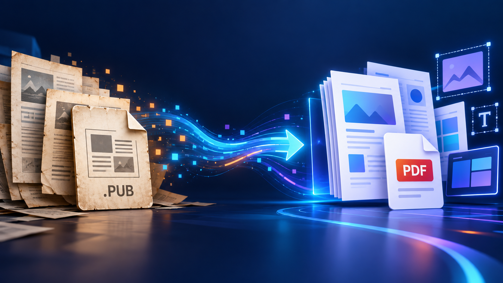 Arquivos antigos de editoração sendo convertidos em PDF e layouts digitais modernos