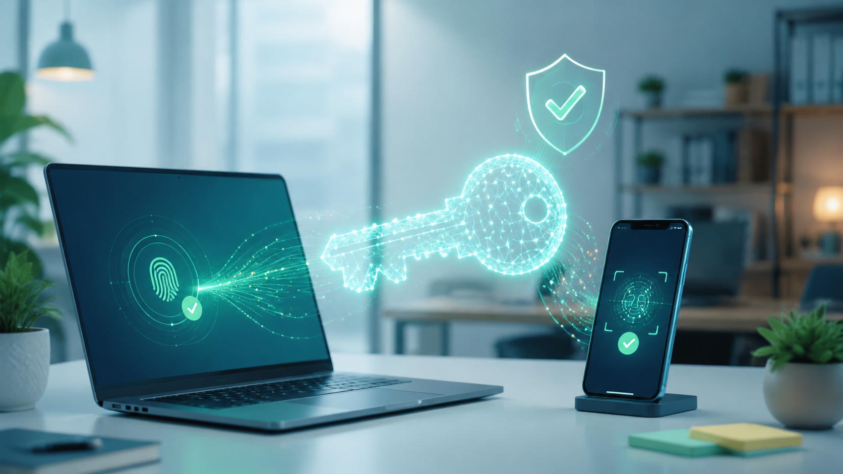 Notebook e celular conectados por uma chave digital, representando login seguro com passkey