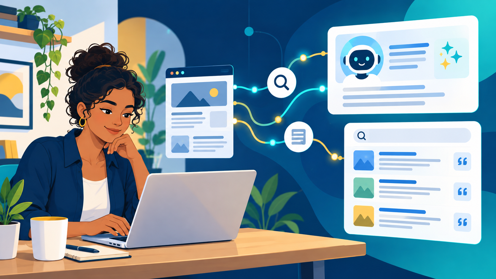 Empreendedora conecta o conteúdo do site a respostas de inteligência artificial e resultados de busca com fontes