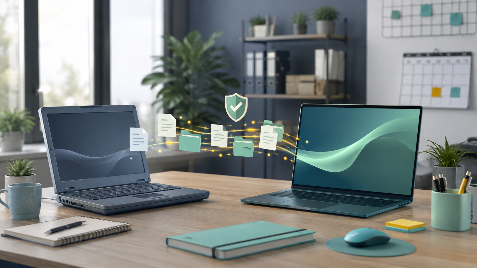 Computador antigo transferindo arquivos com segurança para um notebook moderno em um pequeno escritório